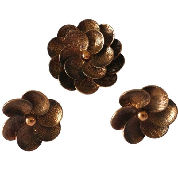 Demi Parure Earrings Brooch Set Vtg Copper Floral 50s 60s Daisy Estate MCM Retro - Picture 4 of 16